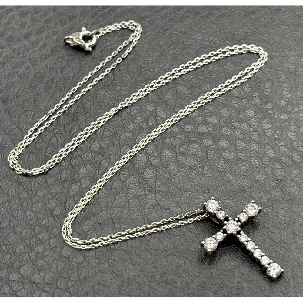 Sterling Silver 925 Cubic Zirconia Cross Pendant Chain Necklace 20